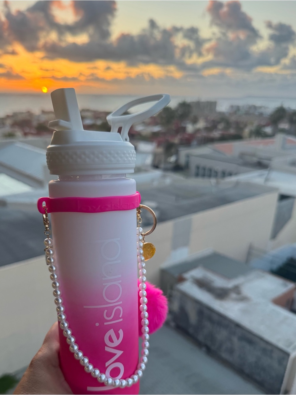 Love Island Ombre Pink Water Bottle with Pearl Strap and heart keychain